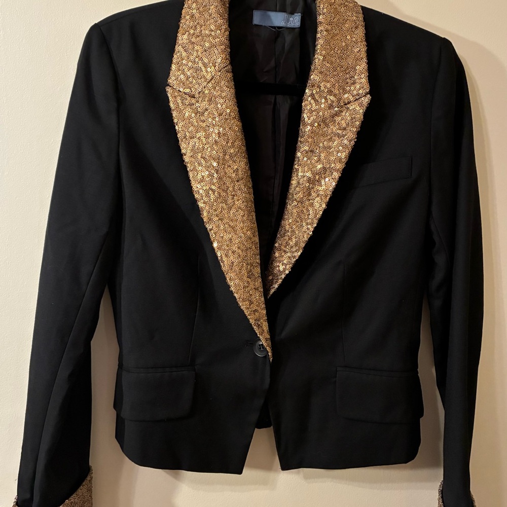 Anthropologie Lil Black Blazer Gold Sequined Lapel Cuffs Glam Glitter Party S